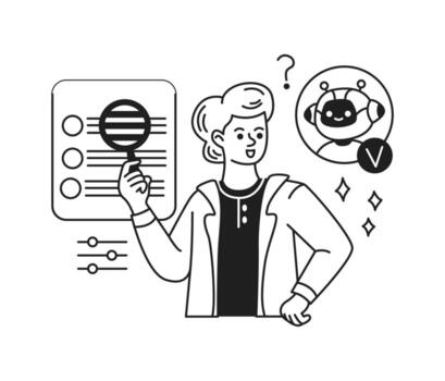 illustration of a smiling person holding a magnifying glass, engaging with a checklist and digital assistant. Minimalist black and white style, symbolizes technology and analysis. vector