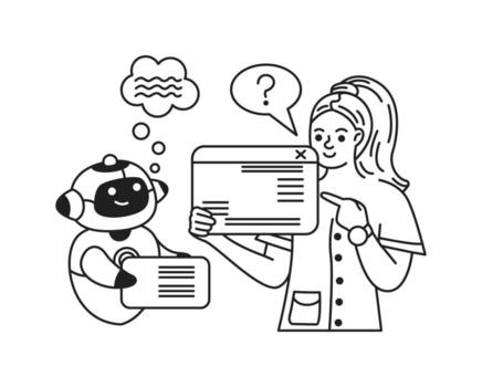 Illustration of woman and artificial intelligence communicating in line art style. Black and white depiction showcasing teamwork and interaction. Useful for tech and education visuals. vector