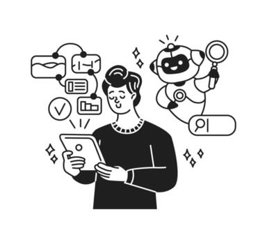 Cartoon illustration of a person using a tablet with a friendly artificial intelligence assisting. Features digital elements like charts and checkmarks in monochrome style. vector