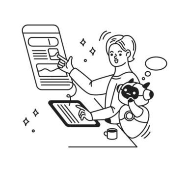 ilustración de un persona con un artificial inteligencia, exhibiendo digital Interacción con alegre vibras. ellos son utilizando un tableta con un futurista interfaz, destacando tecnología. vector