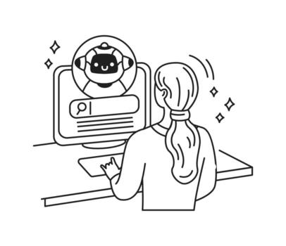 Line art of a person interacting with a chatbot on a computer. Black and white illustration displaying technology interaction in a minimalist office setting. vector