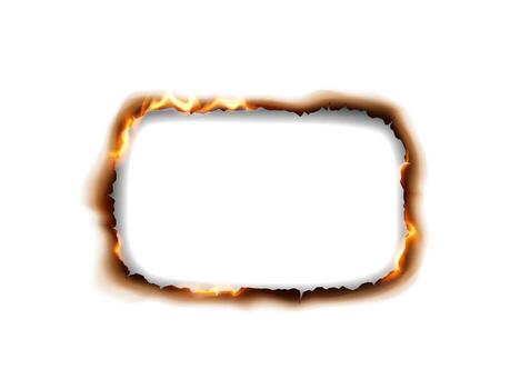 Rectangular paper frame with burnt edges and flames, giving a fiery and dramatic effect. This realistic design is perfect for creative projects and backgrounds. vector