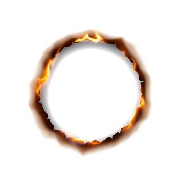 Burnt paper circle creating a fiery effect on a clean white background. Flames and charred edges add dramatic visual impact, ideal for creative design projects. vector