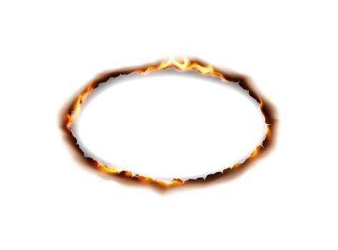 Burning oval shape with fiery edges on a white background. The illustration exhibits bright flames encircling a central blank space, creating a dynamic effect. vector
