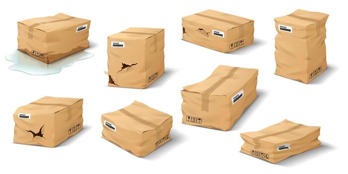 Collection of cardboard boxes in different damaged states. Wrinkled and torn with labels visible. Presents concept of shipment issues on white background. vector