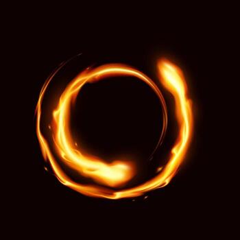 Fiery glowing circle illustration. Bright orange and red flames creating circular shape on dark background. Symbol of energy, warmth, power. vector
