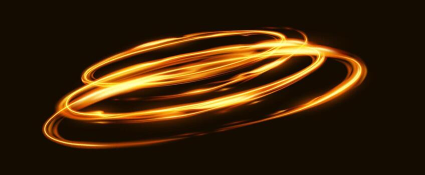 Dynamic abstract art with swirling golden light trails on dark background. Radiant energy flows create movement and depth in an elegant display of luminosity. vector