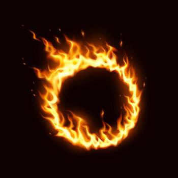 Circular fire graphic forms a mesmerizing ring. Glowing flames dance against a dark background. Ideal for dynamic visual effects and fiery concepts. vector