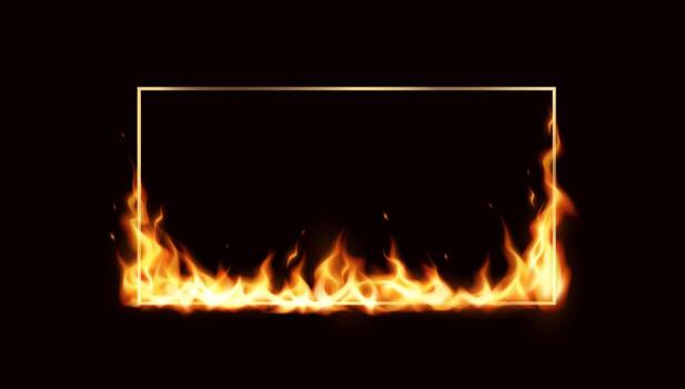 Rectangular glowing frame with flames on dark background. Vibrant orange fire creates intense and dynamic effect. Ideal for dramatic presentations or designs. vector