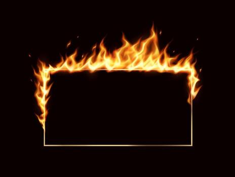Illustration of a rectangle frame with dynamic flames on a dark backdrop. Vibrant orange and yellow flames create a dramatic and intense visual effect. vector