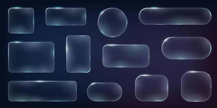 Set of frames and design UI UX elements in the style of liquid glass. Collection of translucent geometric shapes with glassy effect on a dark background. Includes rectangles, circles, and ovals. vector