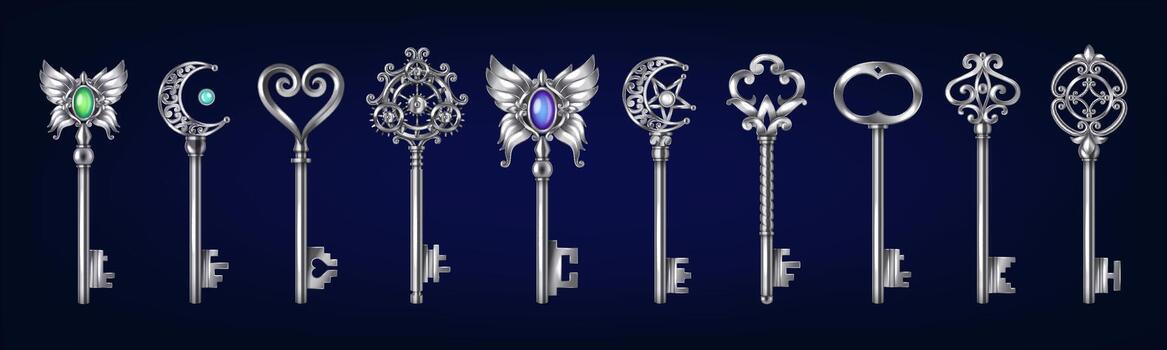 A set of intricately designed silver keys with gemstone accents displayed on a dark background. Each key features unique decorative details and elegant shapes. vector