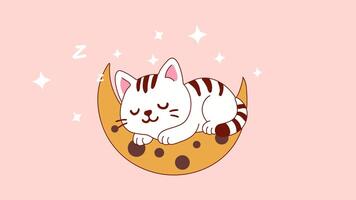 Peaceful Cat Napping on Moon with Stars on a transparent background. Loop animation video