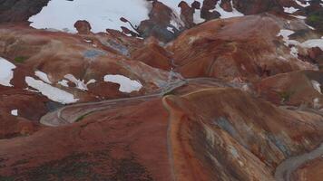 Aerial view of vibrant red, orange, and brown geothermal hills in Iceland, with a winding stream and patches of snow creating dynamic movement. video