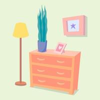 dibujos animados color cómoda, planta y lámpara habitación interior dentro escena concepto. vector