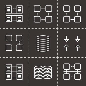 Network and data flow icons, including databases and connections vector