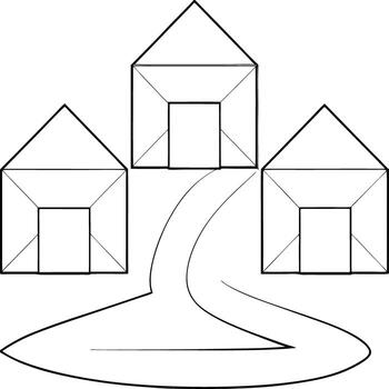 Three simple houses with a winding path leading to them vector
