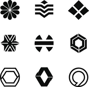 Set of nine abstract geometric shapes and icons isolated on white background vector