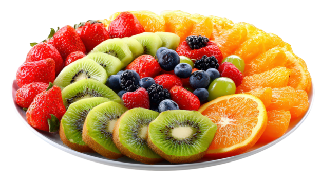 Fresco Fruta plato con kiwi fresa naranja arándano uva y frambuesa arreglado en vistoso sano y apetitoso monitor para verano fiesta o desayuno png