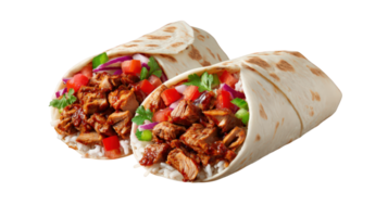 Grilled chicken wrap tortilla rice tomato onion cilantro pepper fresh spicy lunch delicious isolated on transparency background vibrant and appetizing meal png