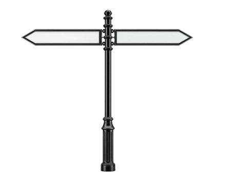 Blank metal street sign on black pole, isolated on transparency background, with two empty directional arrows, urban object, simple and clean design, ready for custom text, concept of direction png