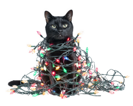 nero gatto ingarbugliato nel colorato Halloween luci, seduta con curioso e giocoso espressione, festivo atmosfera, Basso risoluzione, isolato su trasparenza sfondo png