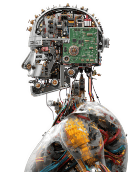 futuristico robot testa e superiore corpo con esposto circuito asse, fili, e meccanico componenti, isolato su trasparenza sfondo, in mostra Avanzate artificiale intelligenza tecnologia png