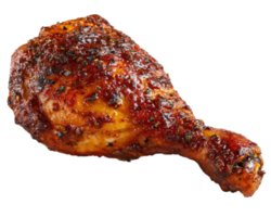 Grilled chicken leg spicy seasoning roasted isolated on transparency background juicy crispy skin barbecue style delicious food closeup png