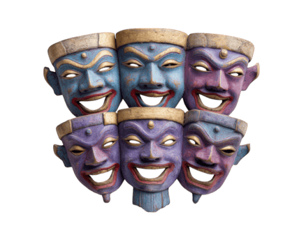 six coloré traditionnel masques avec large ouvert bouches, joyeux expressions, et complexe détails, arrangé dans deux Lignes, isolé sur transparence Contexte png