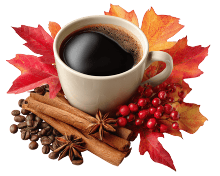 Kaffee Tasse Herbst Blatt Zimt Stock Star Anis Kaffee Bohne rot Beere fallen würzen saisonal warm aromatisch Getränk erstellen gemütlich Herbst Stimmung mit Reich Farben und einladend Aroma png