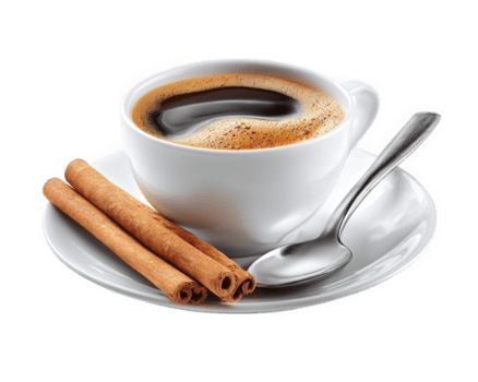 heiß Kaffee Tasse mit Zimt Stock Weiß Keramik Untertasse Silber Löffel aromatisch Dampf gemütlich Herbst Stimmung dunkel Getränk Koffein Morgen Erfrischung isoliert Hintergrund png