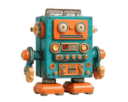 Retro robot toy, teal and orange, isolated on transparency background, vintage mechanical design, playful and nostalgic, metallic texture, whimsical expression png