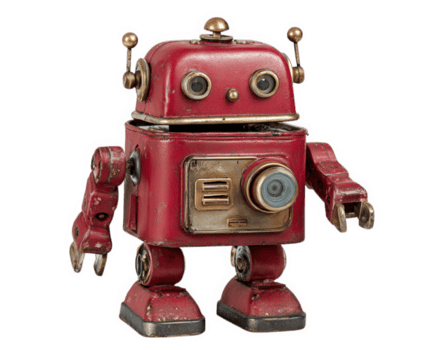 Vintage red toy robot with metallic details, isolated on transparency background, retro style, nostalgic and playful, evokes curiosity and joy, collectible object png
