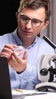 vertical Scientist analyzing sample in petri dish using microscope in laboratory video