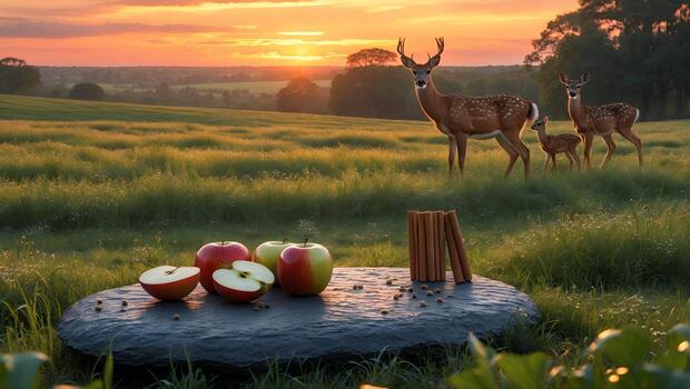 Apples and Cinnamon Sticks Displayed with Deer at Sunset Landscape photo