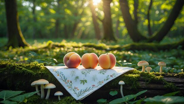 Peaches Displayed on Floral Cloth in Forest with Mushroom Details photo