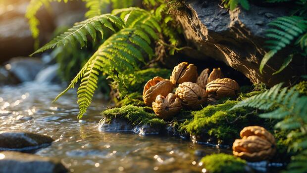 Walnuts Resting Near a Flowing Stream with Mossy Rocks and Ferns photo