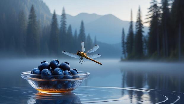 Dragonfly Flying Near Blueberries by Misty Lake with Forest Backdrop photo