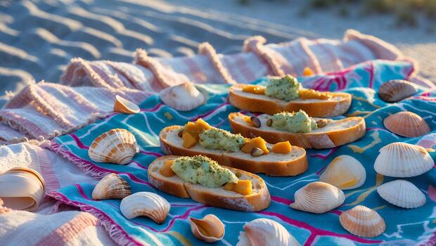 Beach Picnic with Bruschetta and Seashells on Colorful Blanket photo