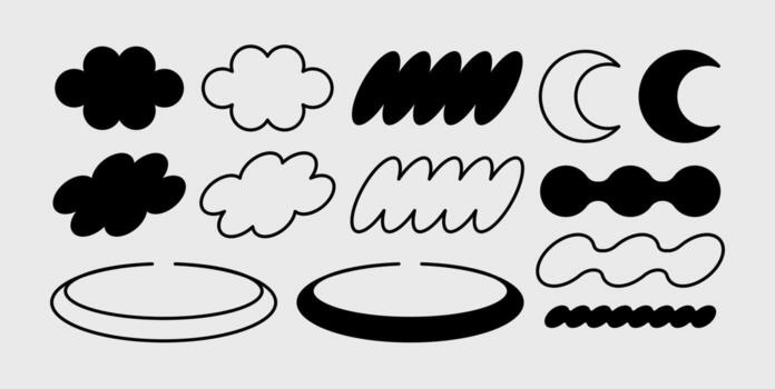 Modern retro geometric clouds and crescent moon shapes y2k vector