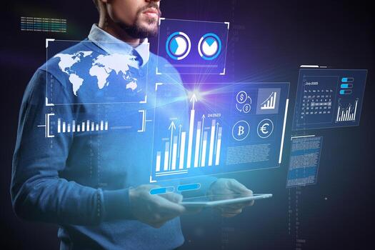 Professional analyzing data on a digital tablet with futuristic interface elements and global information photo