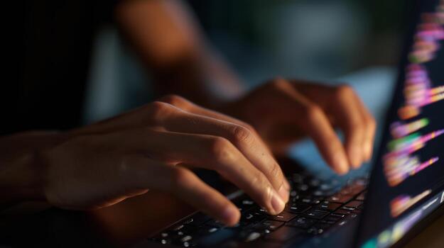 Close-up of hands typing on a laptop with programming code displayed at night photo