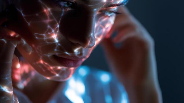 Close-up of a person with abstract light patterns on their face, creating a captivating visual effect in a dimly lit room photo