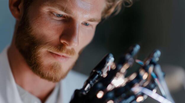 Engineer examines robotic hand in laboratory during evening hours while discussing advanced technology concepts photo