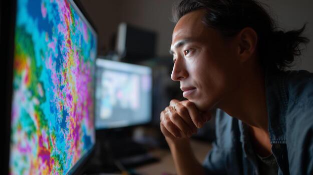 Man focused on colorful data visualization on computer screen in a dimly lit workspace during evening hours photo