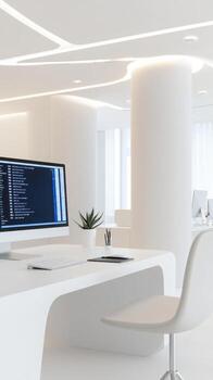 Minimalist white room with central sleek monitor and male data scientist analyzing live data. Data scientist photo