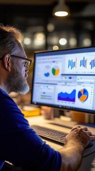 Calm and confident man in a modern workspace with a large vertical monitor displaying data-driven SaaS UI. Data scientist photo