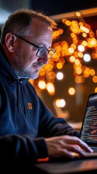 Cybersecurity data scientist in dark hoodie coding with encryption algorithms and abstract digital lock symbols. Data scientist photo