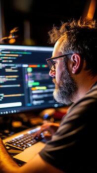 enfocado masculino datos científico escritura pitón código en oscuro espacio de trabajo exhibiendo técnico habilidad y auténtico tecnología marca. datos científico foto