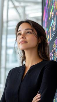 Confident female data analyst standing in front of futuristic dashboard in high-tech office. Data scientist photo